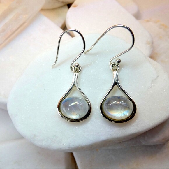 Sterling Silver & AAA Rainbow Moonstone Earrings Modernist Glowing - Picture 8 of 8